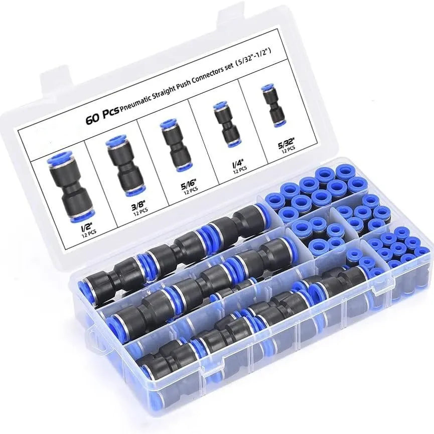60-piece pneumatic push connector kit showing R1/4 and R1/2 thread fittings