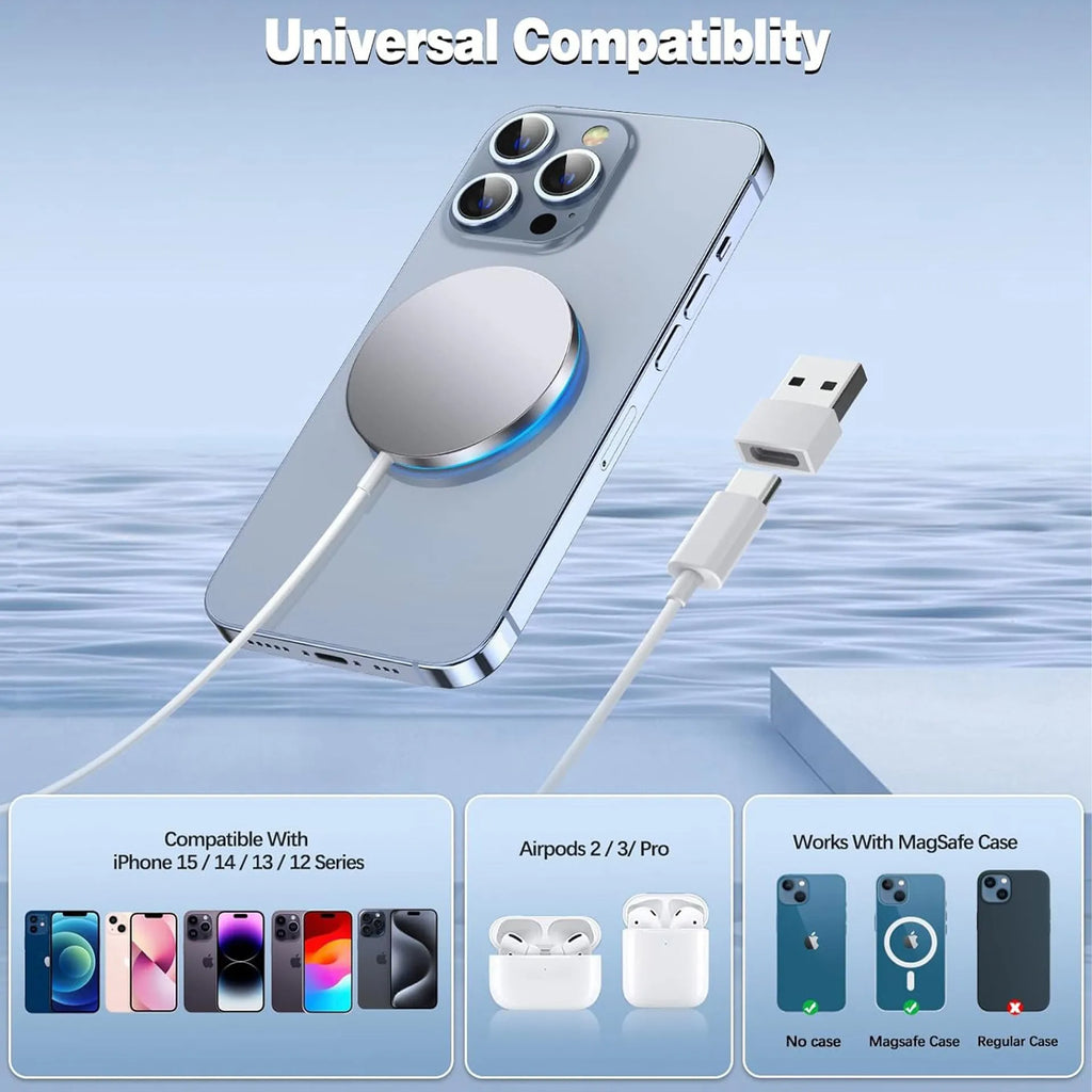 White single magnetic wireless charger for universal mobile phone use with magnetic alignment pad