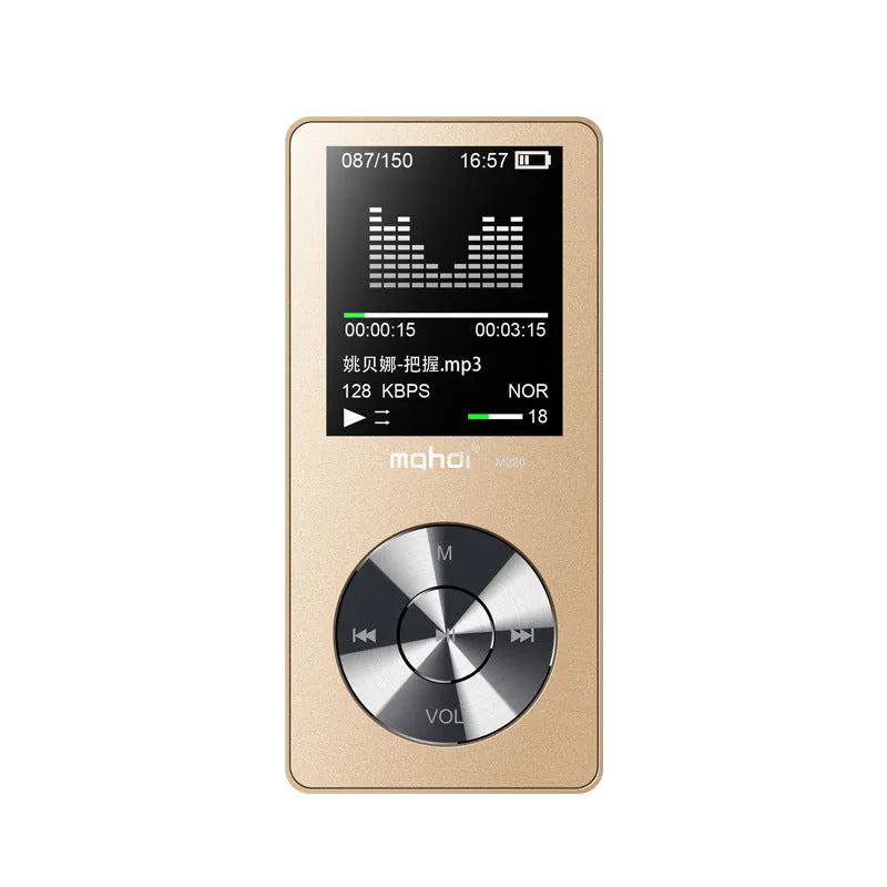Gold metallic MP3 music player with 1.8-inch screen displaying music interface