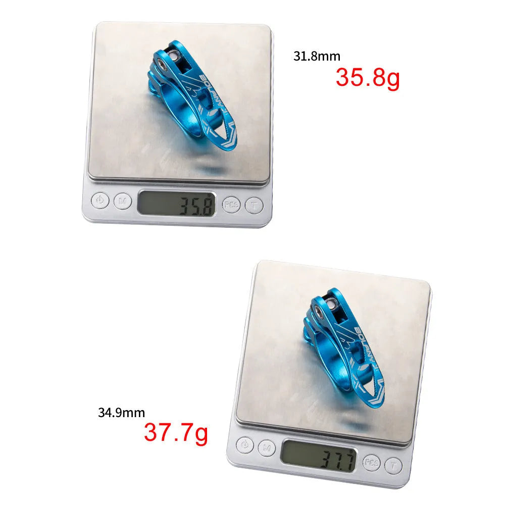 Aluminium alloy mountain bicycle seat post clamp in black, red, gold, and blue colour options showing 31.8mm and 34.9mm sizes.