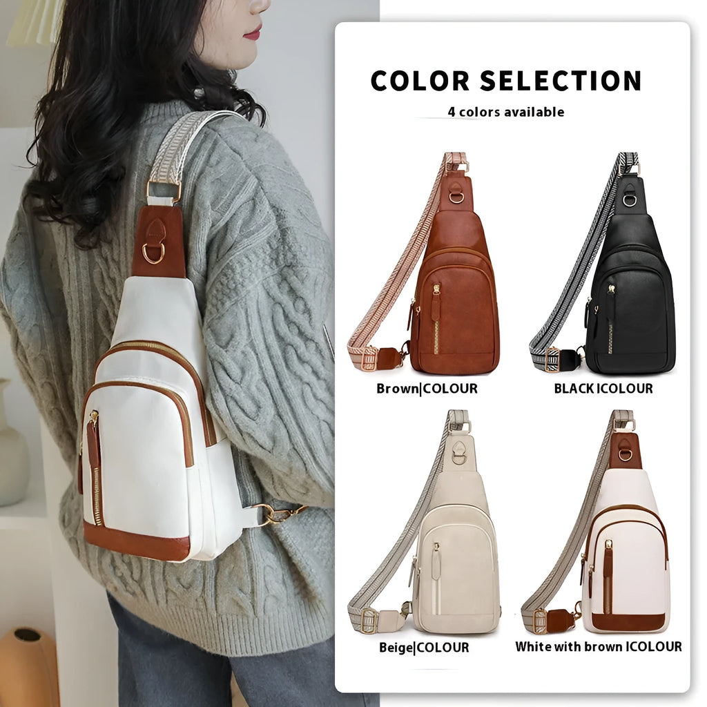 Women's soft brown PU leather crossbody chest bag with open pocket and adjustable strap.