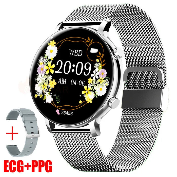 Bluetooth call smartwatch with stainless steel strap showing heart rate monitoring display