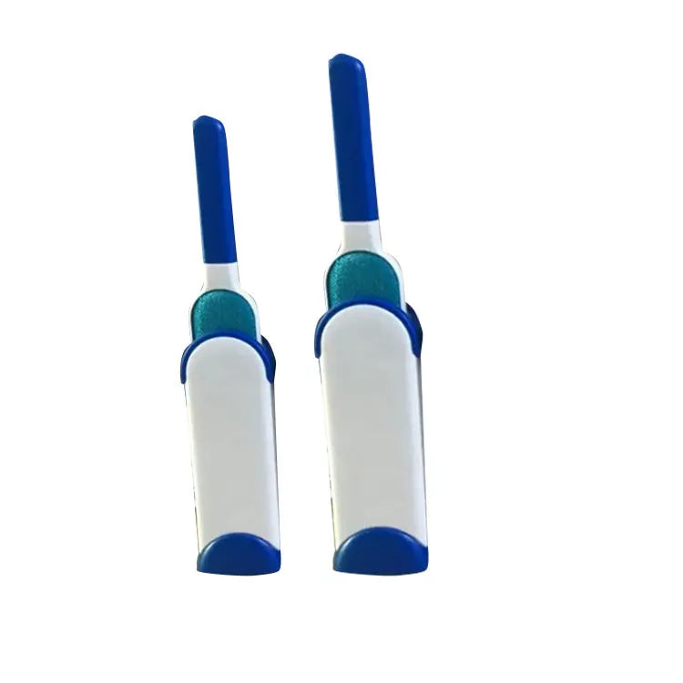 Reusable pet hair removal comb with a self-cleaning base, shown in blue, for cleaning cat and dog fur from sofas.