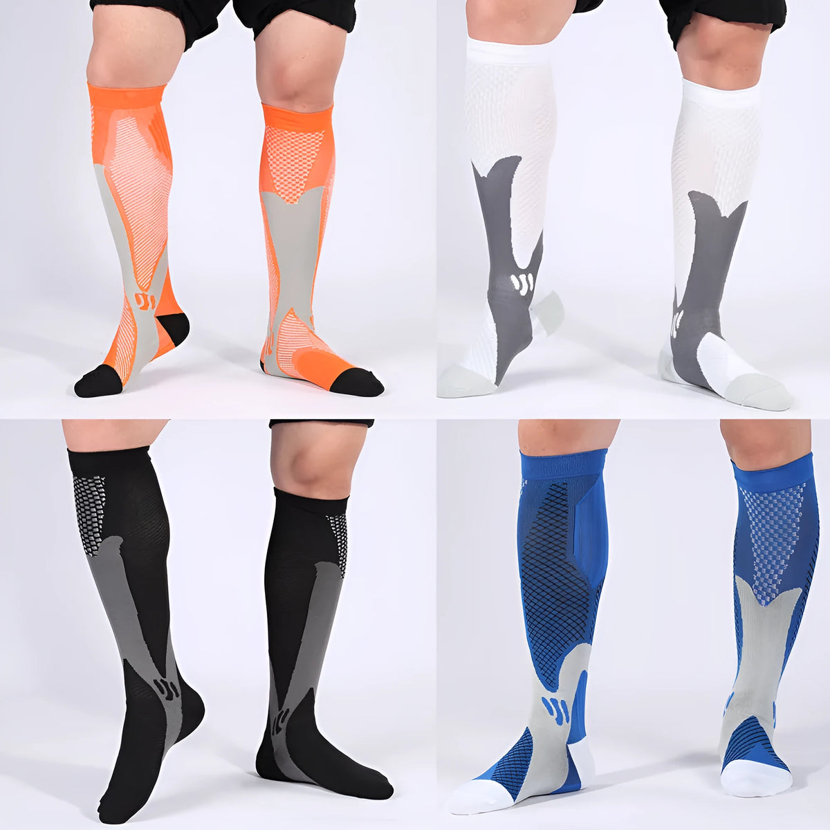 Nylon outdoor sports compression socks in S/M, L/XL and XXL/XXXL, shown in black, blue, orange, pink, red and white.