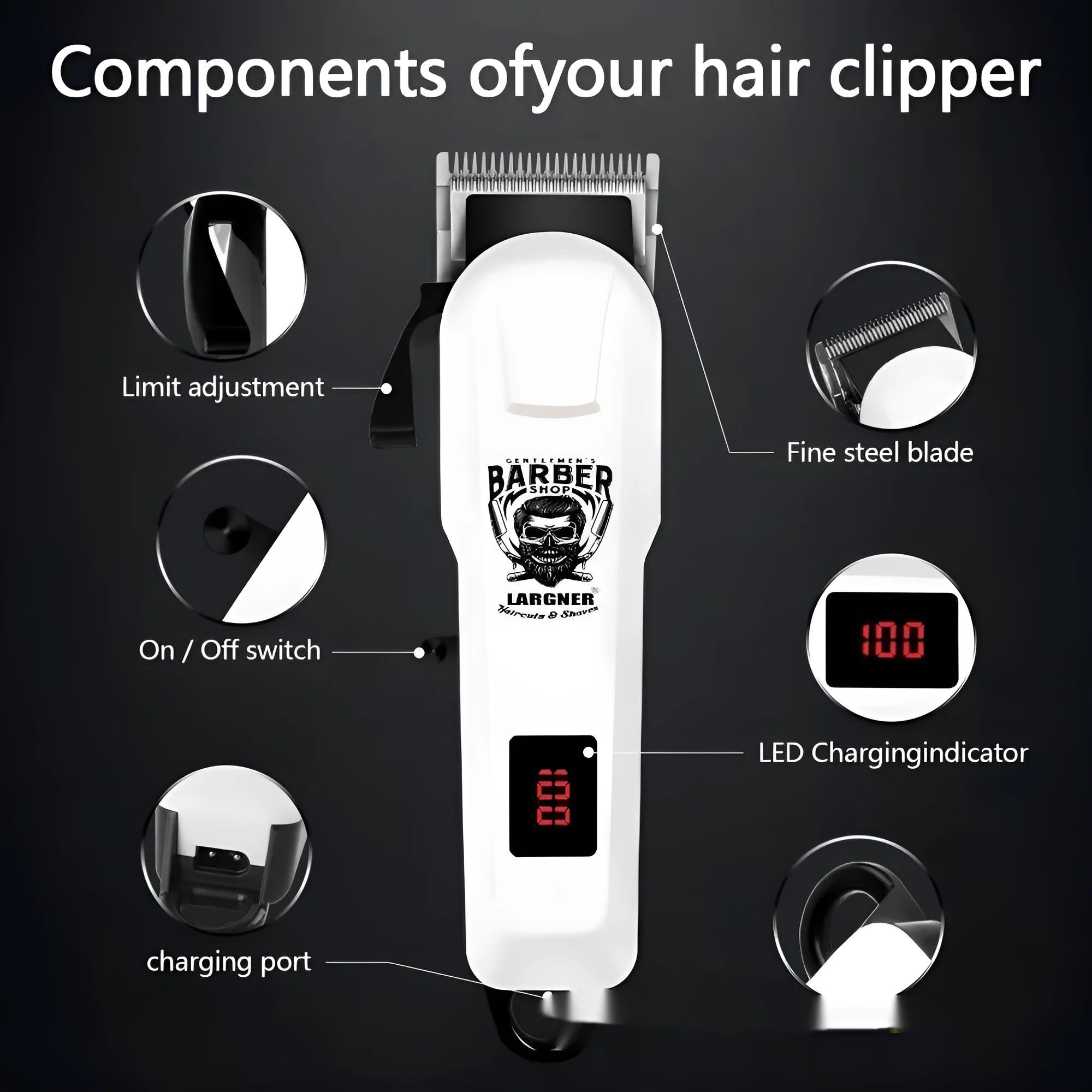 Rechargeable hair clipper with stainless steel cutter head and plastic body on a white background.