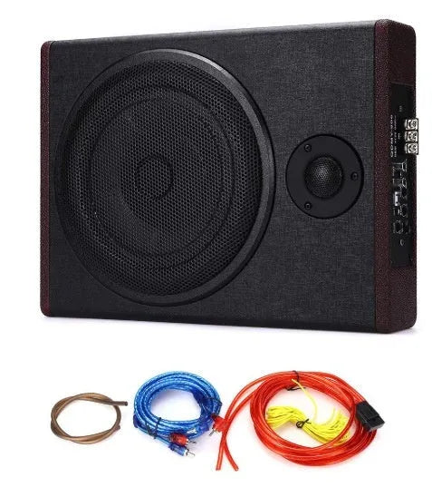 8-inch 12V 600W car audio subwoofer with ultra-thin wooden enclosure and PU leather finish