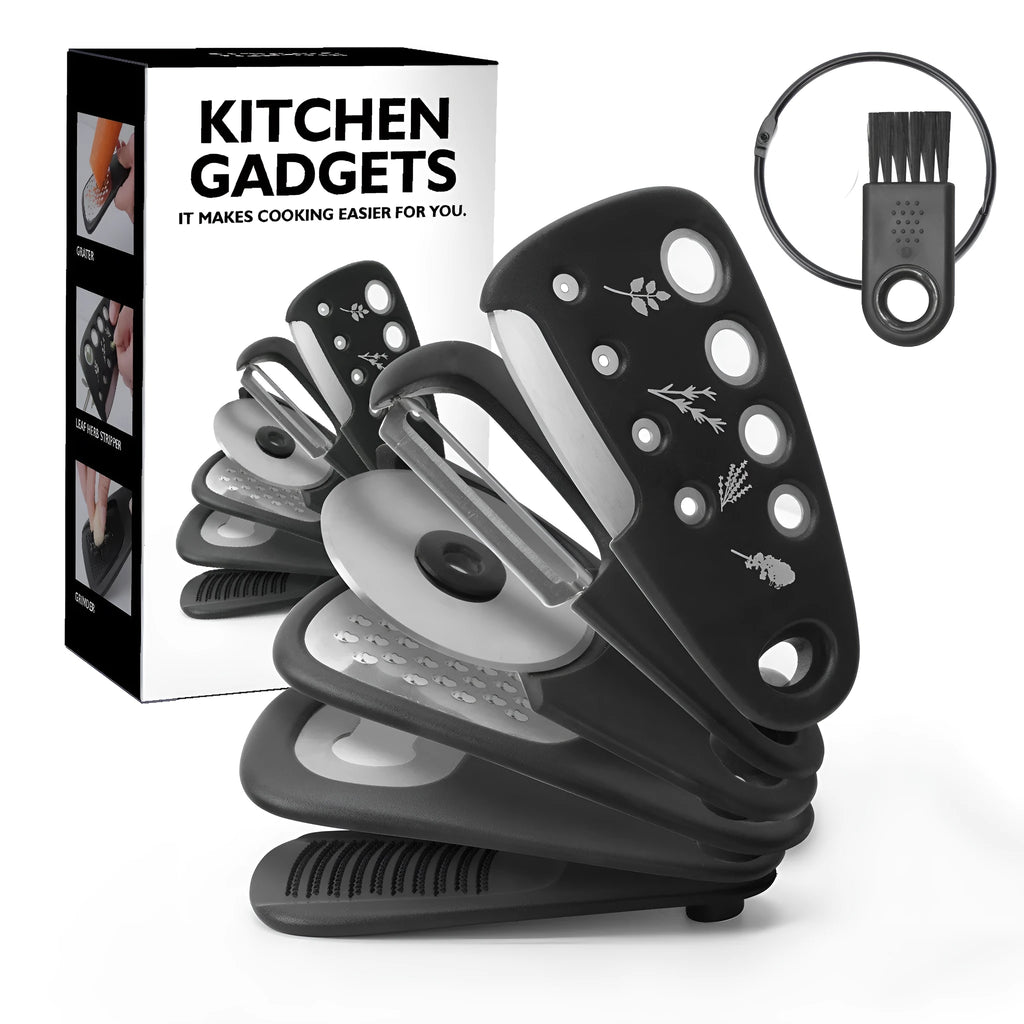 Six stackable kitchen gadgets with brush in colour box, made from plastic and stainless steel
