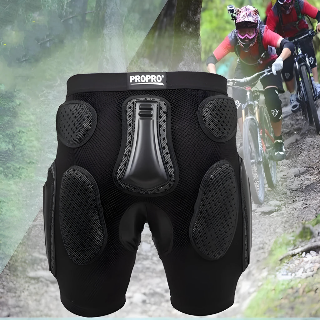 Black cycling hip protection pants with removable padding, shown in size L on an adult model.