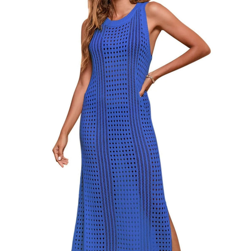 Long loose beach knitted blouse with hollow-out pattern in solid colour options