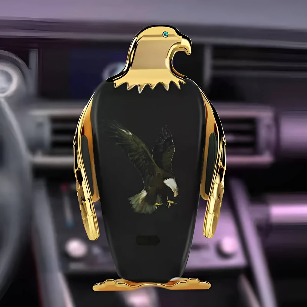 Eagle style car phone holder with wireless charging base and snap-on suction cup mount.
