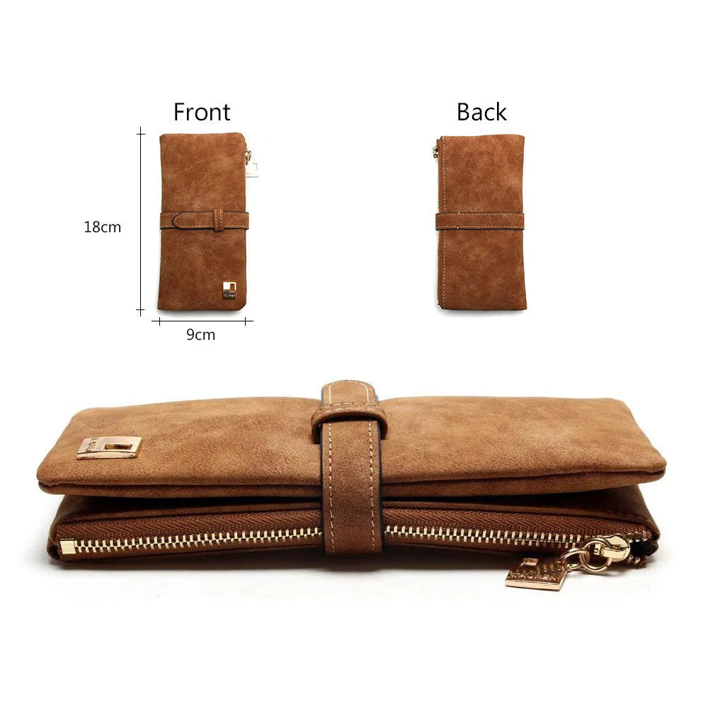 Korean retro style long wallet for women in matte PU leather, shown open to reveal card slots, phone pocket, and zipper closure.