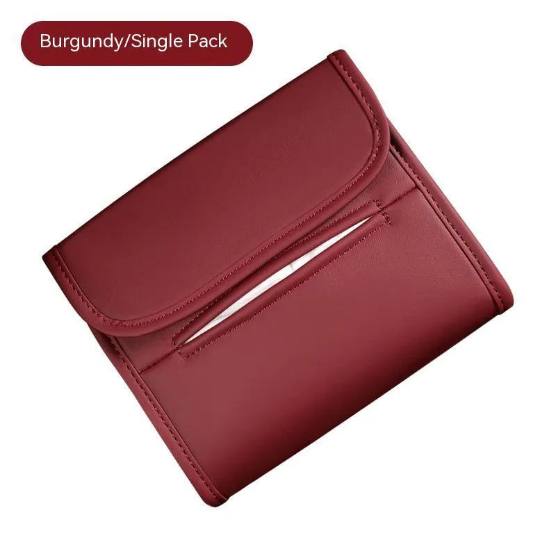 Leather car tissue box holder with elastic strap mounted on vehicle sun visor