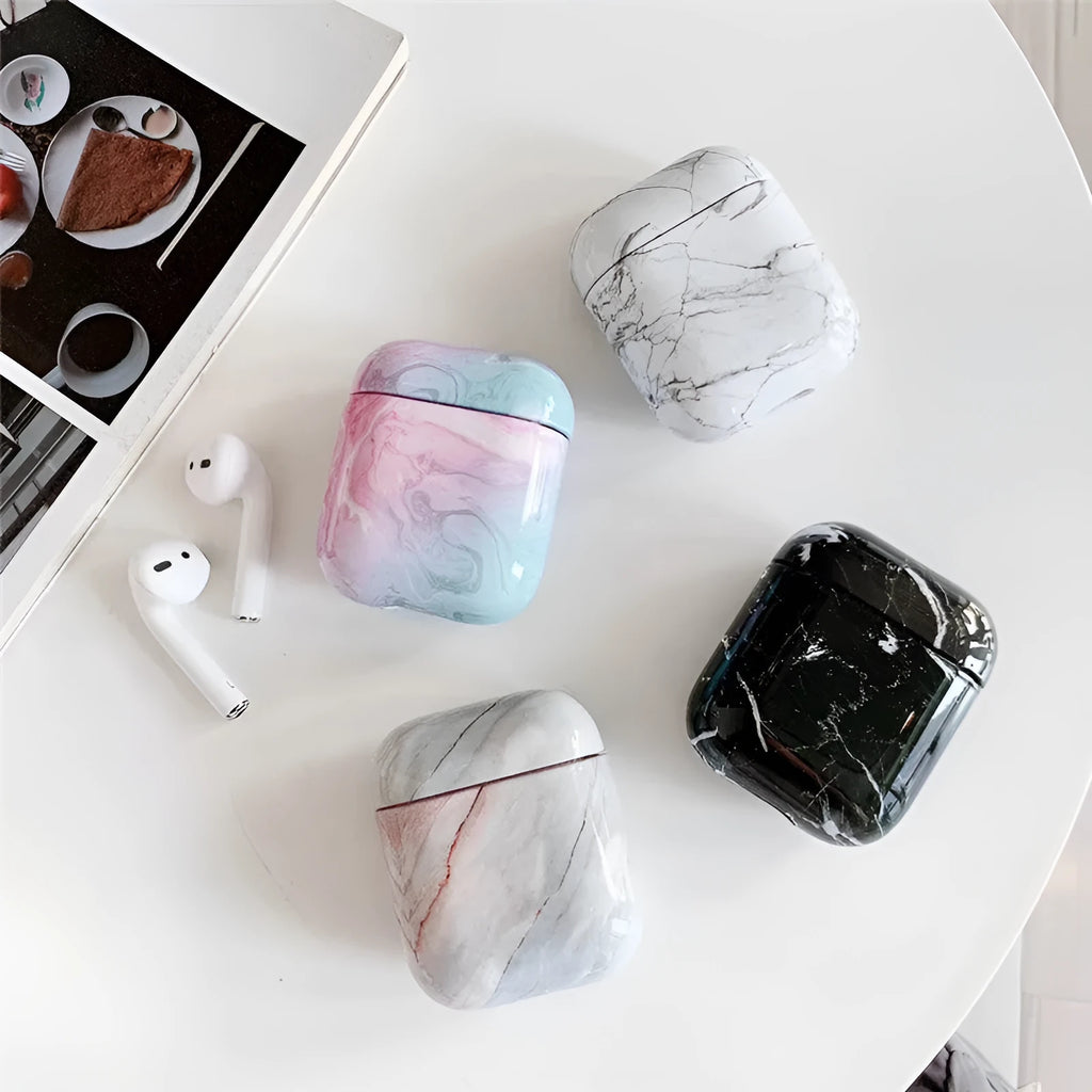 White marble pattern hard PC protective case for Apple AirPods 1 and 2 charging box.
