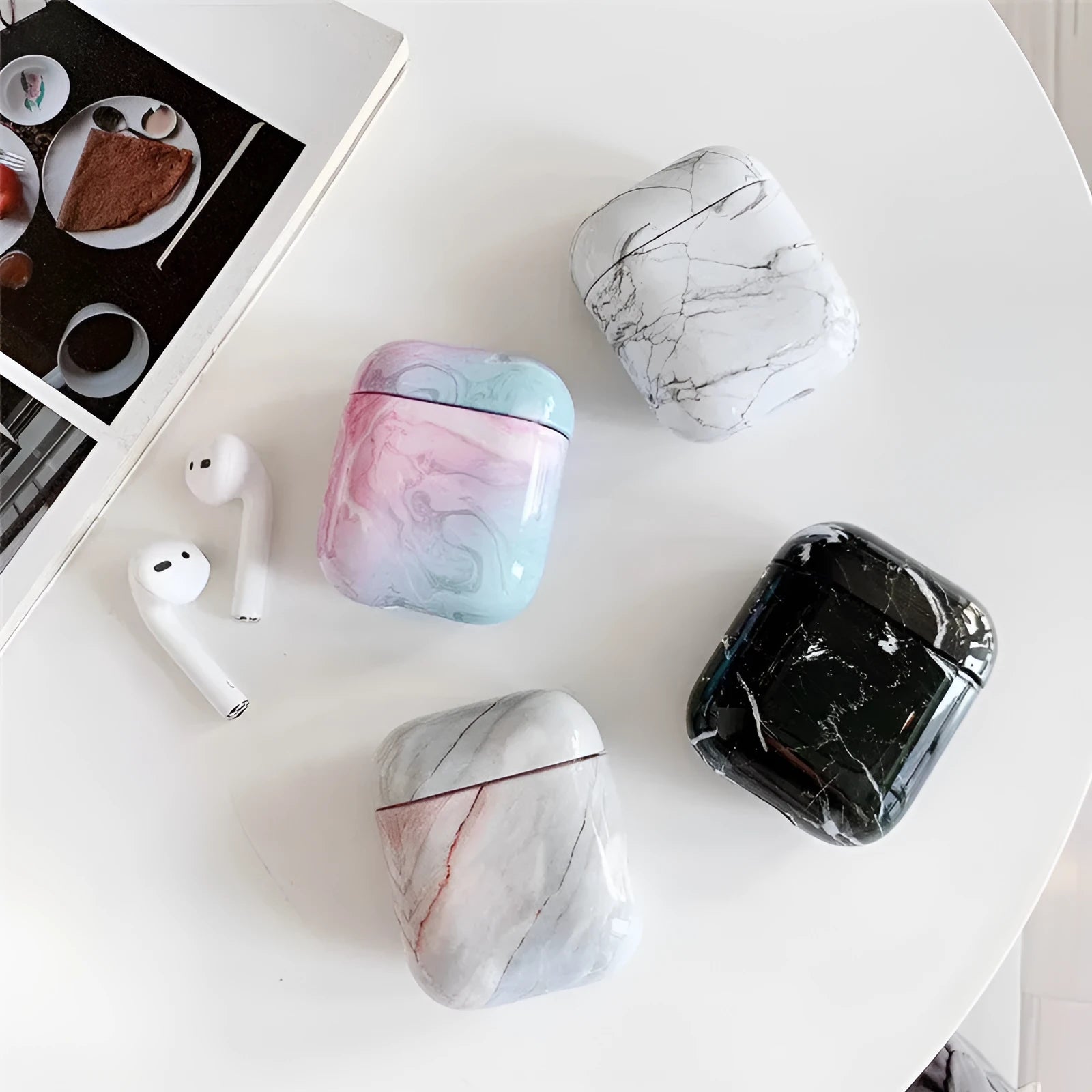 White marble pattern hard PC protective case for Apple AirPods 1 and 2 charging box.