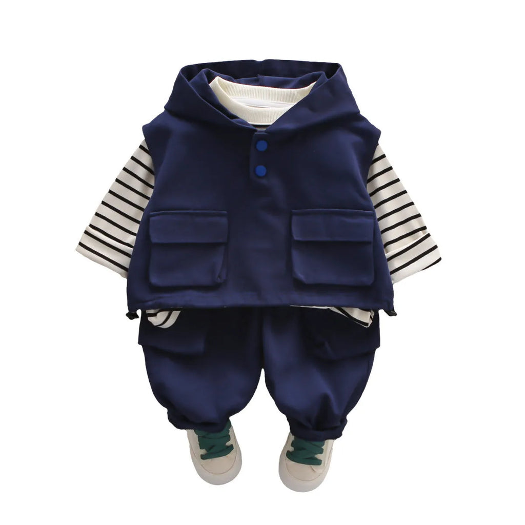 Boys cotton striped hoodie vest and trousers three-piece set in beige showing front view