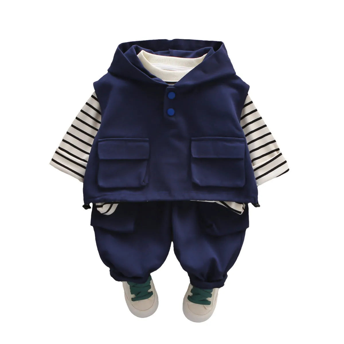 Boys cotton striped hoodie vest and trousers three-piece set in beige showing front view