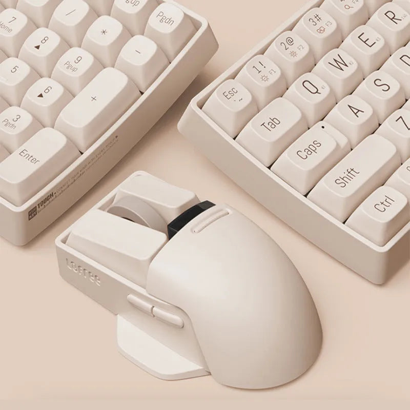 Xiaoqiao three-mode wireless mouse in matte finish showing ergonomic right-hand design with USB receiver and charging cable