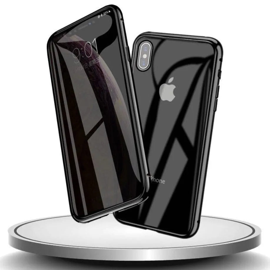 Anti-spy privacy phone case in black with a glass screen guard, shown next to an iPhone.