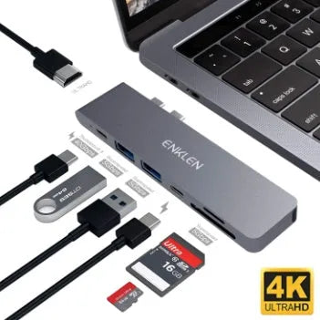 Aluminium alloy USB C hub with seven ports including SD card reader and 4K HDMI for laptops