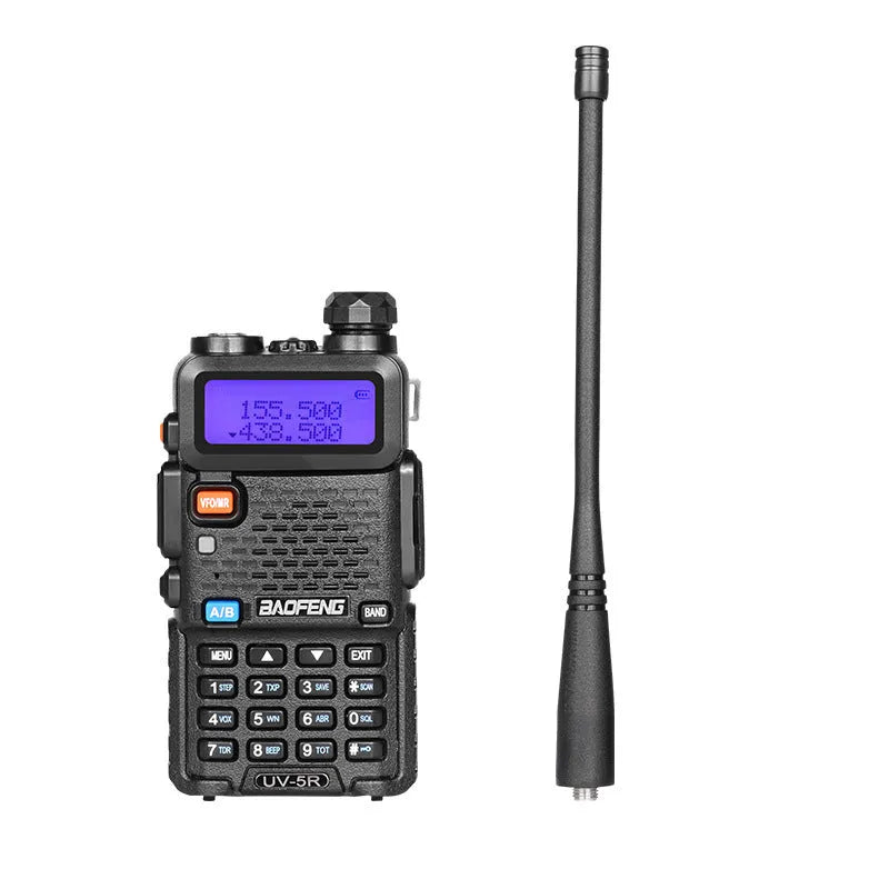 Professional dual-band walkie talkie with antenna showing dimensions 110x58x32mm