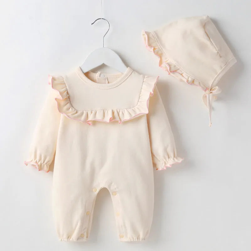 Mombei beige Isabella single layer cotton baby girl romper with long sleeves on white background