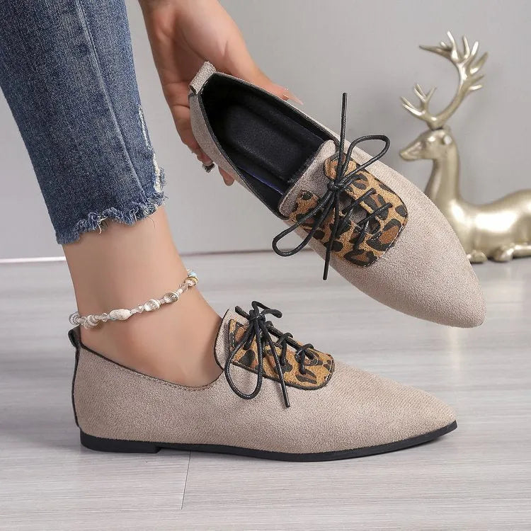 Beige leopard print pointed toe pumps for women in plus sizes with artificial PU leather upper and rubber sole