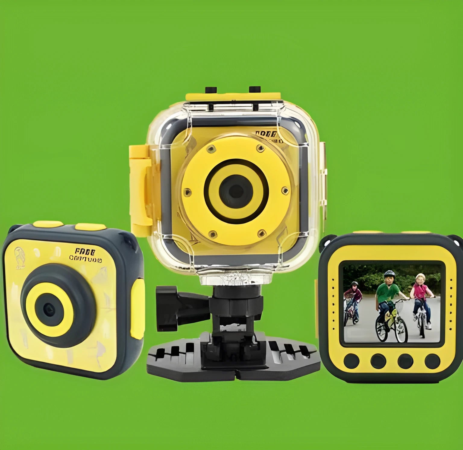 Yellow children's waterproof sports camera with a 1.77-inch screen, shown from the front.