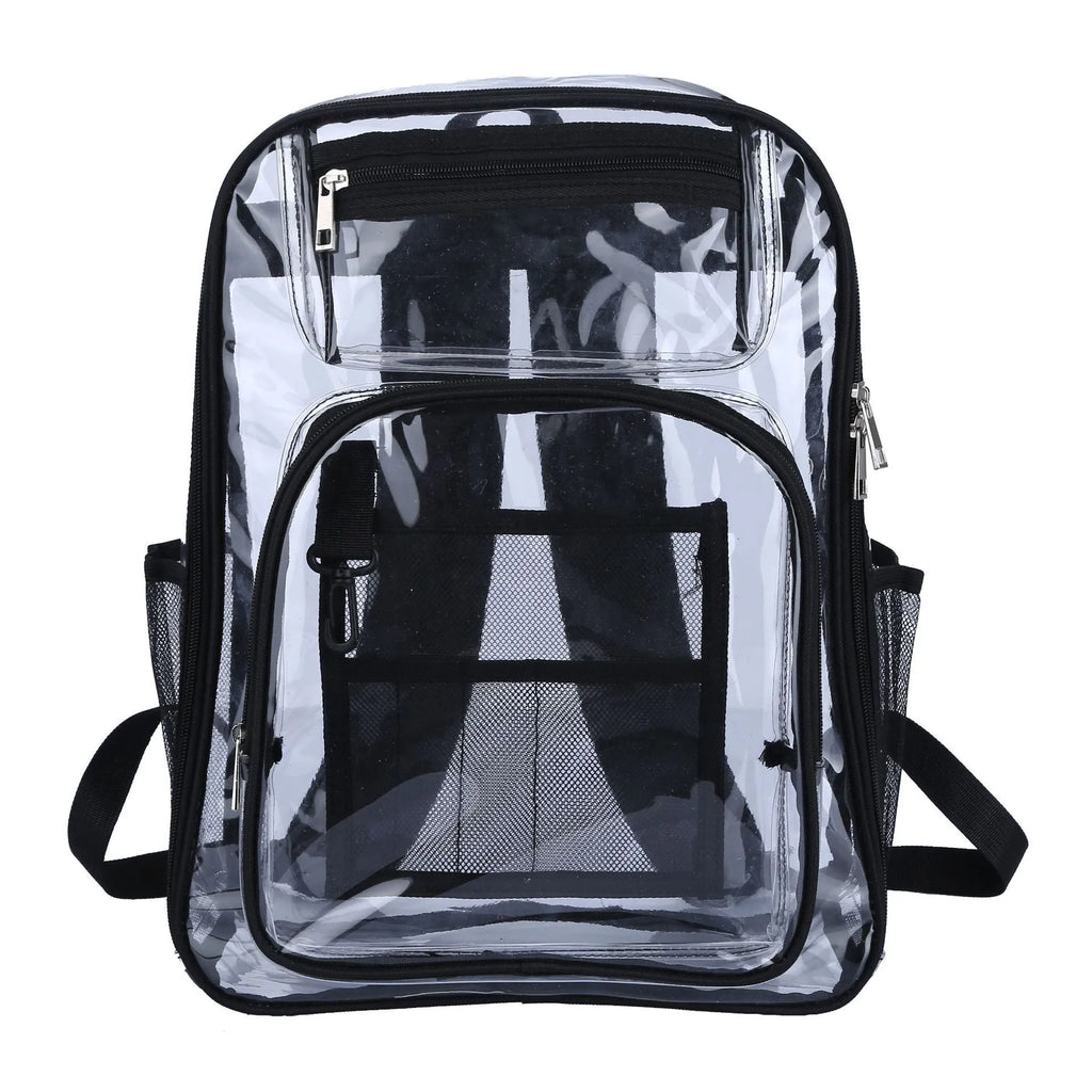 Clear PVC waterproof backpack with inner voile bag, shown in available colours.