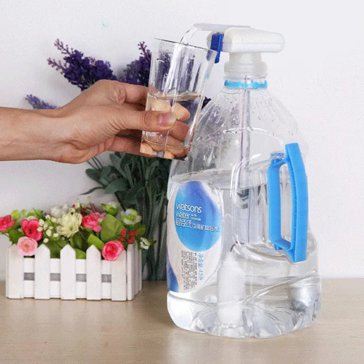 Manual beverage pumping device with silicone straws and press handle in blue or white options