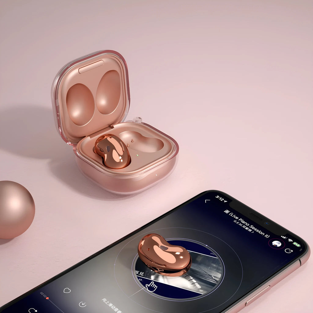 Transparent clamshell Bluetooth ear case in moulded plastic, available in translucent gold, black, and purple