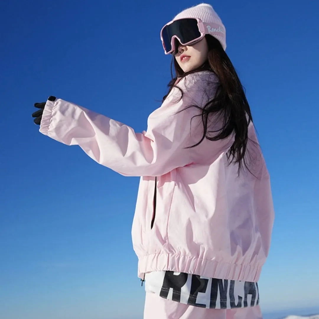 Waterproof cotton blend ski suit set with coat and trousers, pink or black, sizes S to 5XL