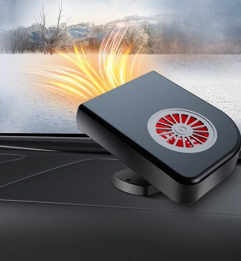 Black ABS vehicle-mounted car heater for defogging, shown with adjustable vents and double-sided adhesive.