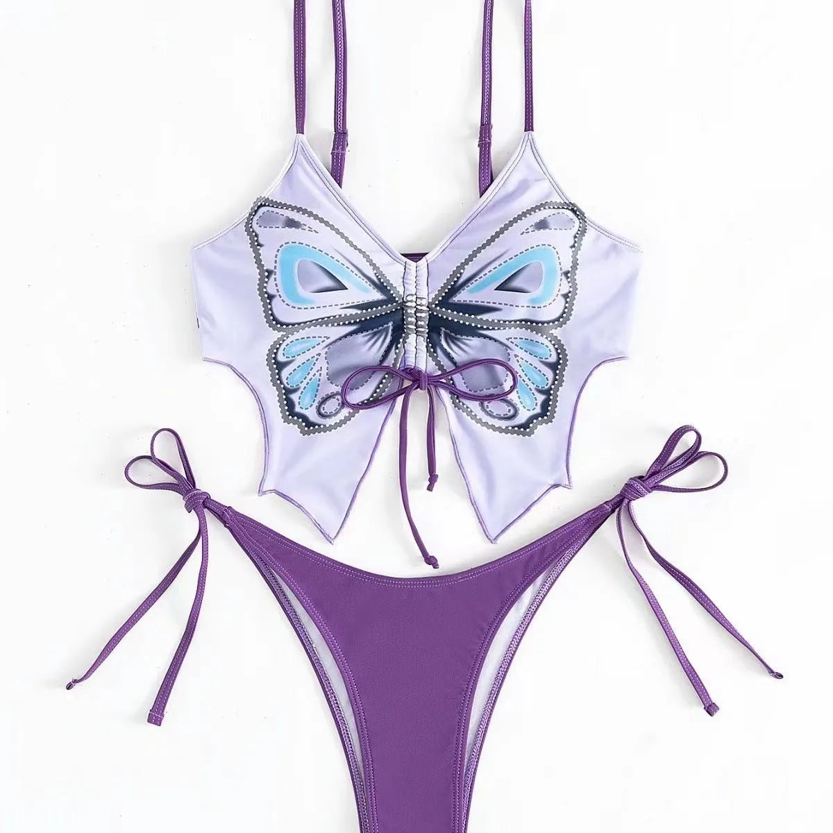 Women's purple bow ins style split bikini set with briefs, on a mannequin.