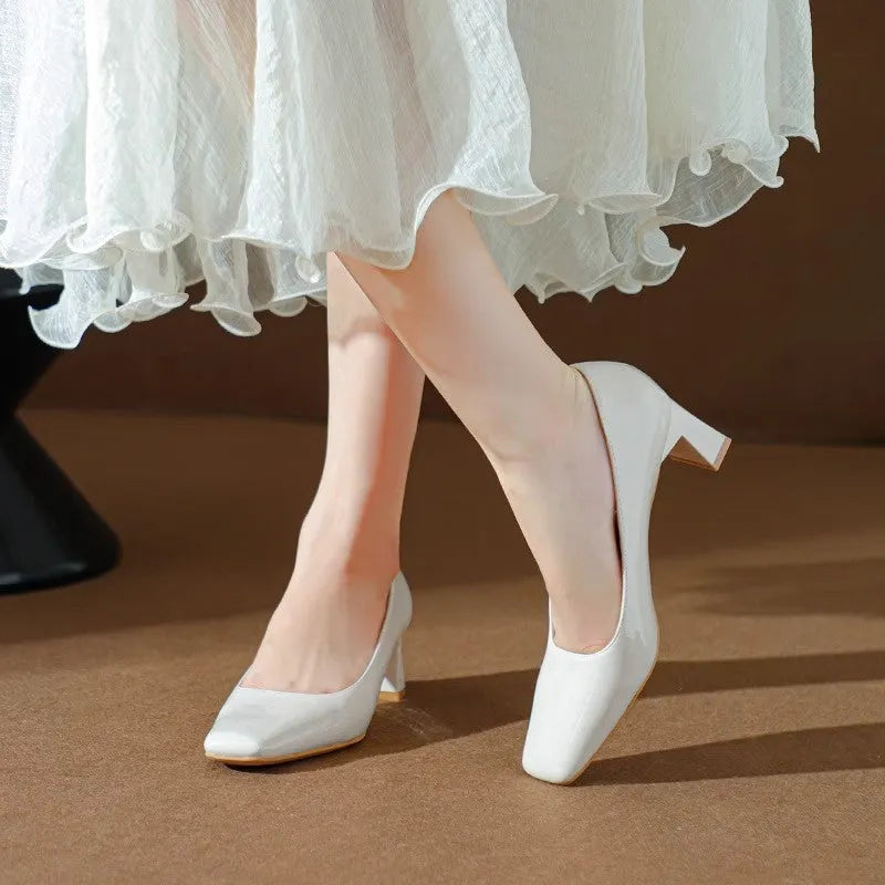 Classic style patent PU square toe mid heel pumps for women in nude pink