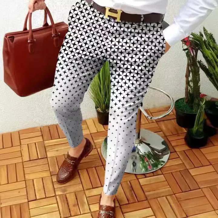 Men's slim-fit plaid trousers with 3D printed pattern, straight leg design and elastic fabric