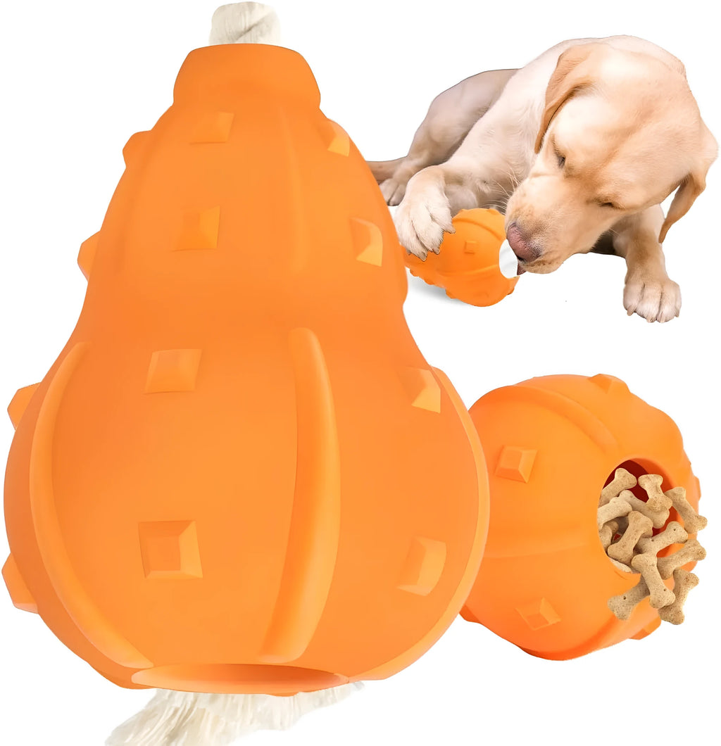 Natural rubber stuffable dog chew toy with a long strap for fetching and treat dispensing