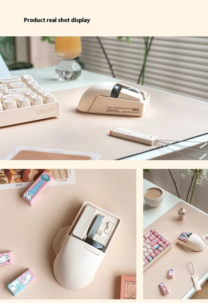 Xiaoqiao three-mode wireless mouse in matte finish showing ergonomic right-hand design with USB receiver and charging cable