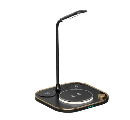 Black wireless charging desk lamp with 15W magnetic pad, Type-C cable, and USB outlet on a wooden desk.