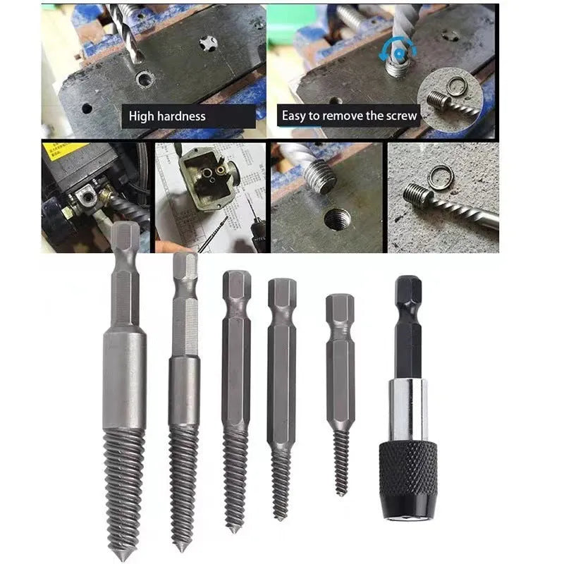 Silver 12-piece hexagonal handle screw extractor set on grey background
