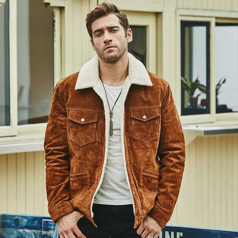 Men's brown genuine pigskin leather cotton padded jacket with lapel collar, straight cut, regular length