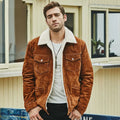 Men's brown genuine pigskin leather cotton padded jacket with lapel collar, straight cut, regular length