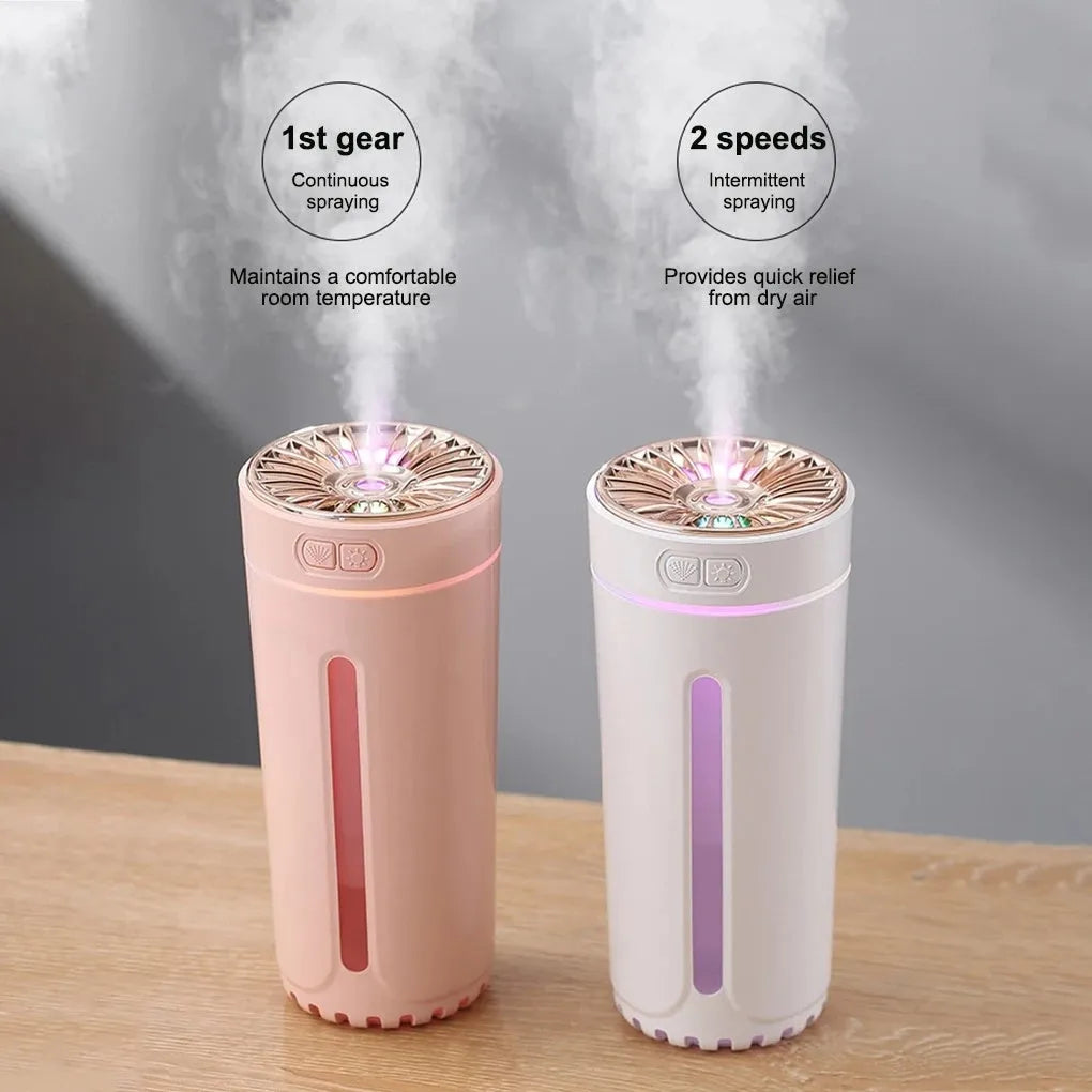 Black portable USB humidifier with colourful lights on car dashboard