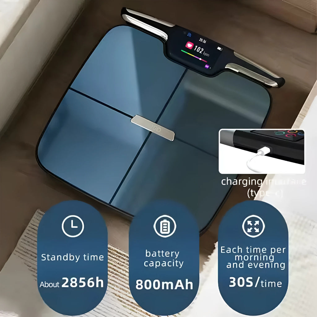 Black eight-electrode intelligent body fat weighing scale on a flat surface.