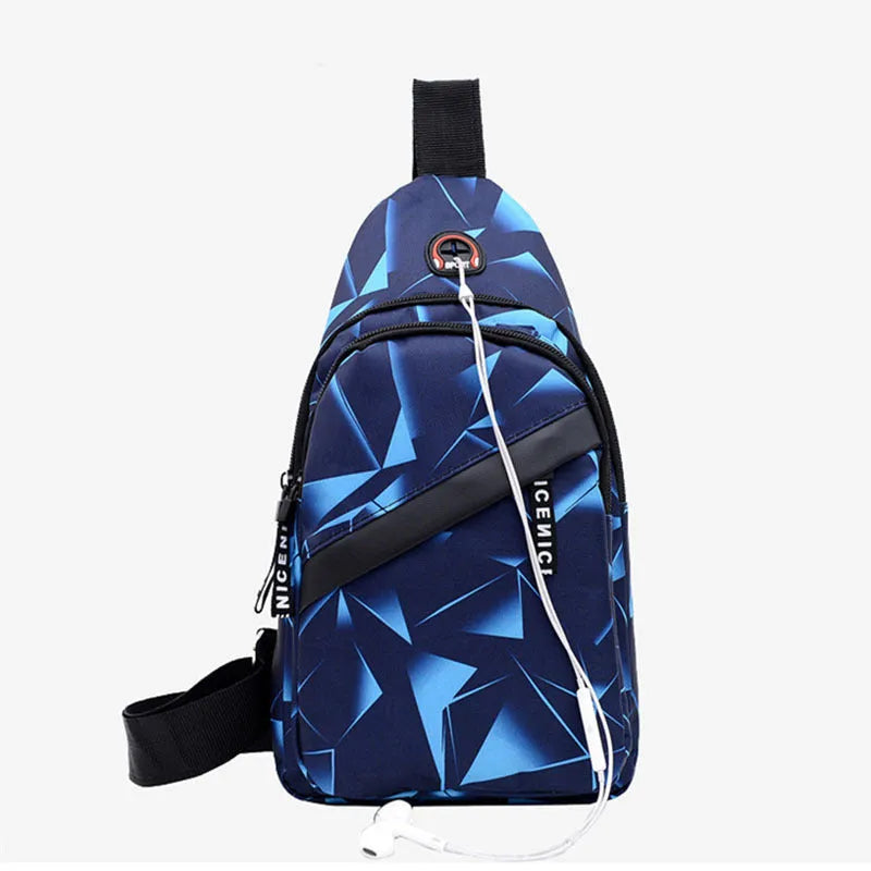 Blue print sling chest crossbody bag for men with an earphone hole and zipper opening.