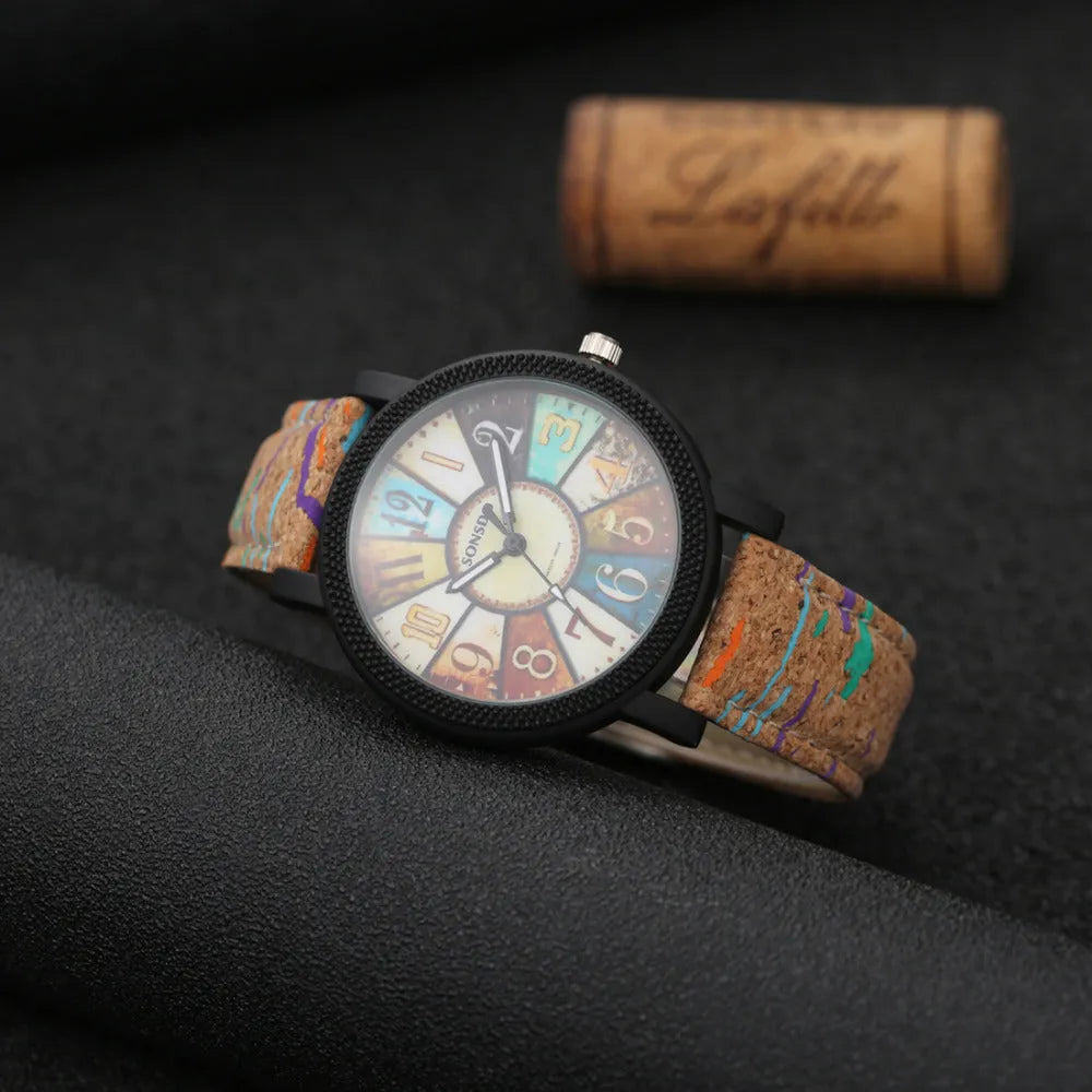 Women's vintage leather strap watch with 37mm round dial and tempered glass