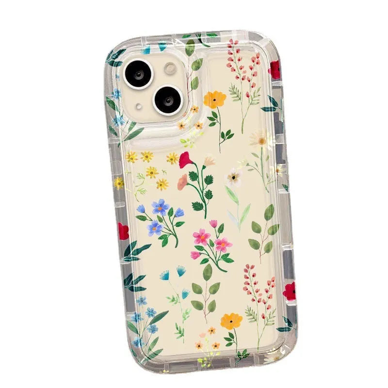 Floral transparent TPU phone case with bracket for iPhone showing a clear floral pattern and side grip