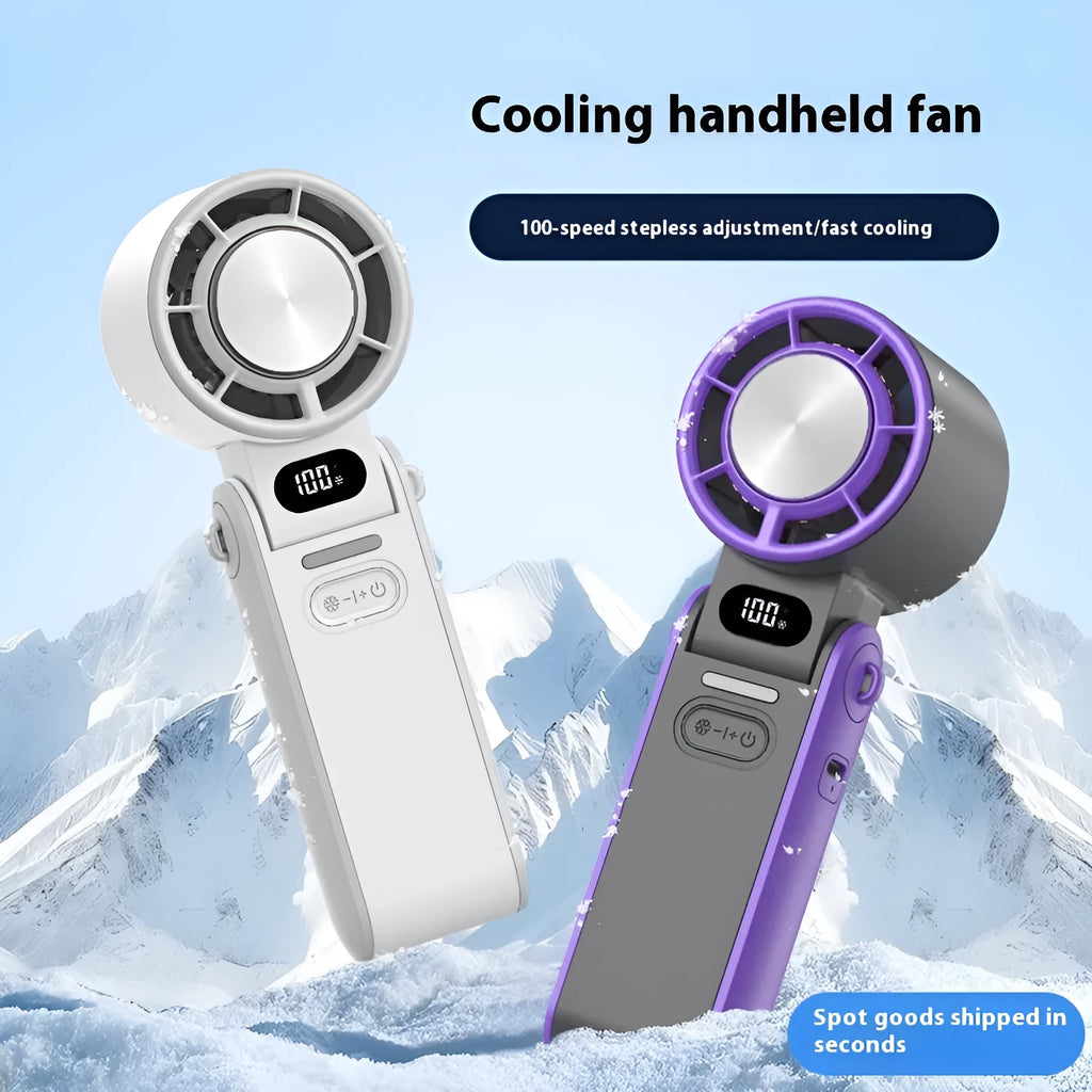 Small handheld fan with ice compress function, no blades, USB powered, compact foldable design in white.