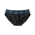Men's low-waist cotton briefs showing colour options including white/blue, black/red, and grey/green