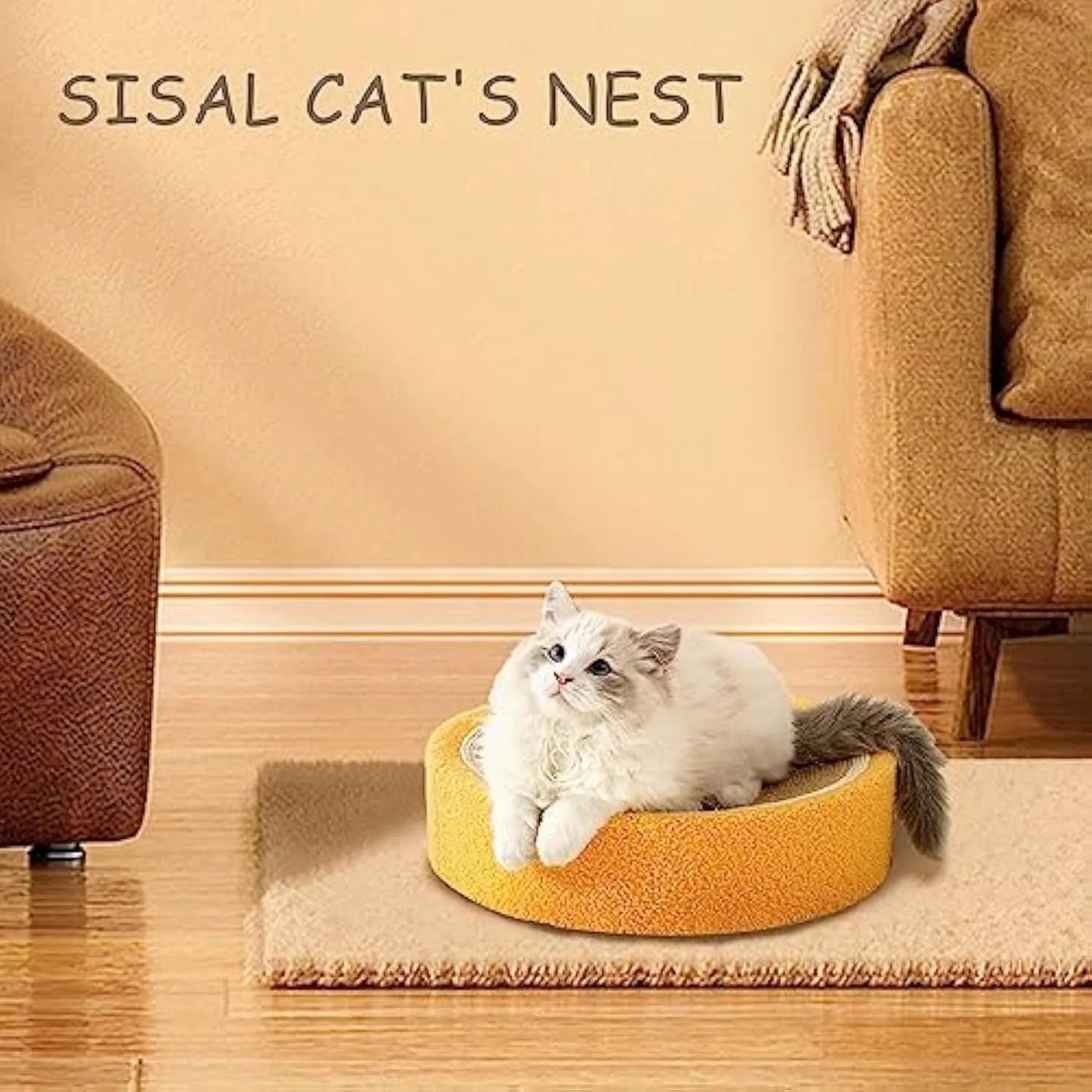 Yellow round fruit-shaped sisal cat scratching board and bed for small cats