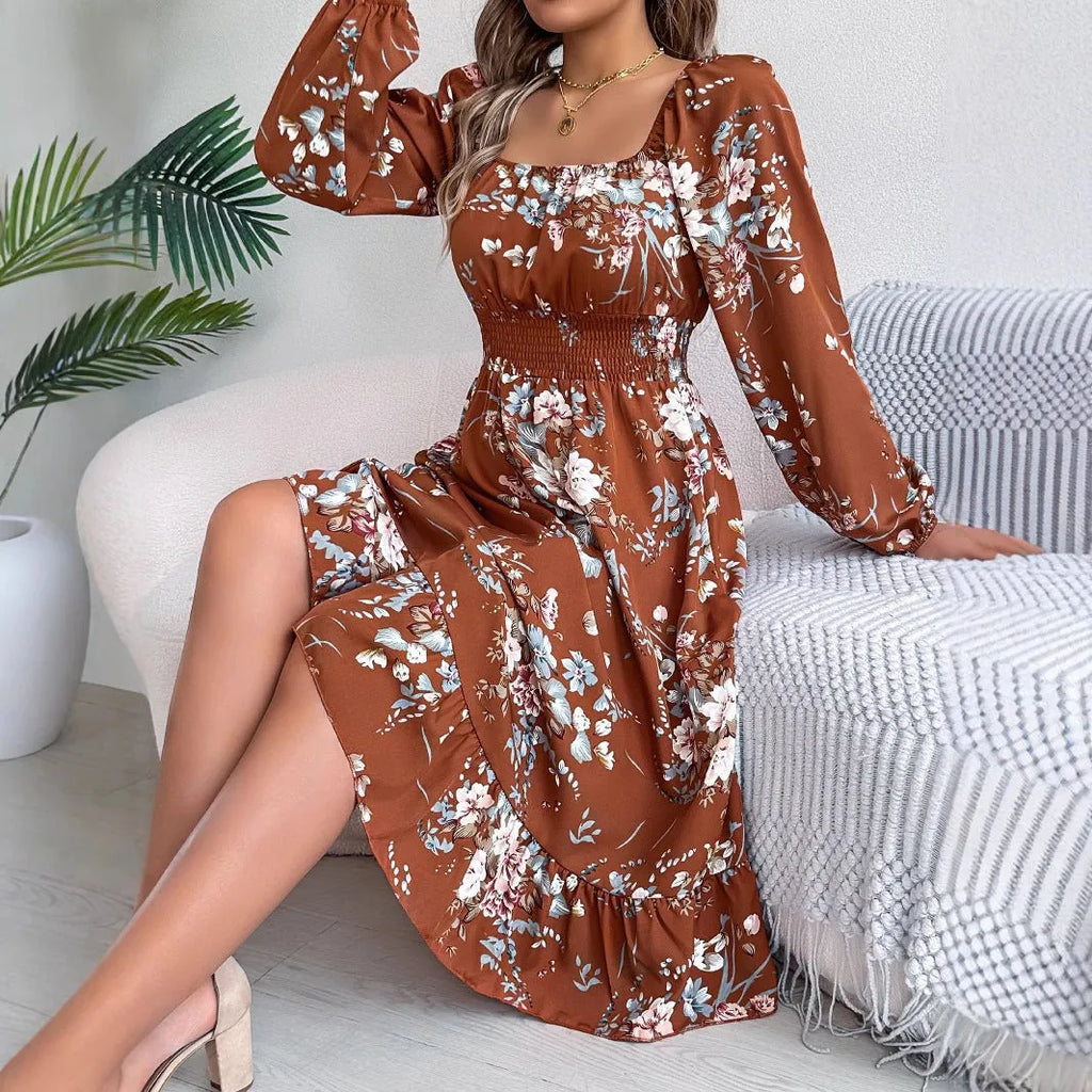 Women's A-line midi dress with square collar long sleeves and ruffled waist trimming in polyester fabric